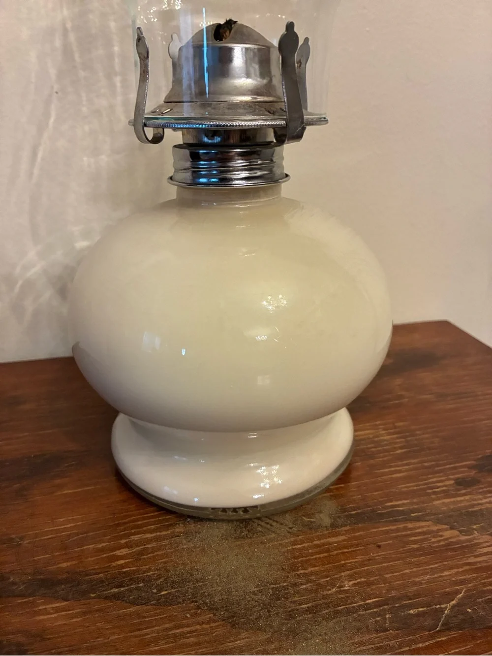 Vintage Classic Cream Glass Oil Lamp with Blue Floral Motif